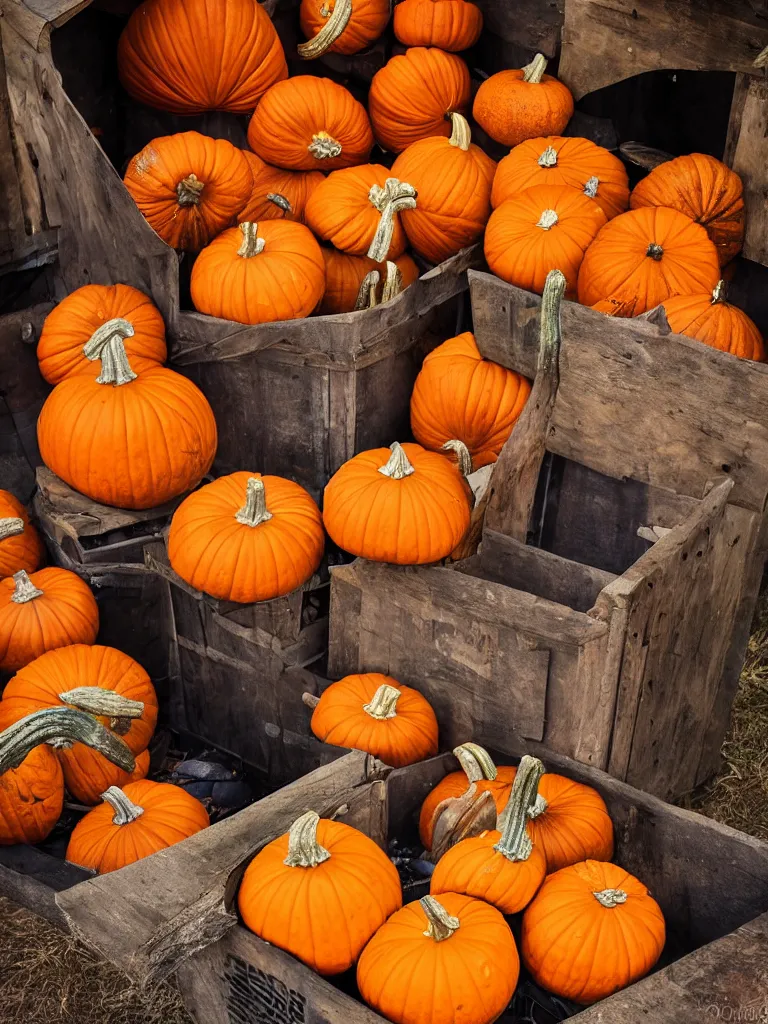 Prompt: photorealistic pumpkins in a wood bin, farmer's market setting, vivid colors, soft lighting, atmospheric, cinematic, 8k