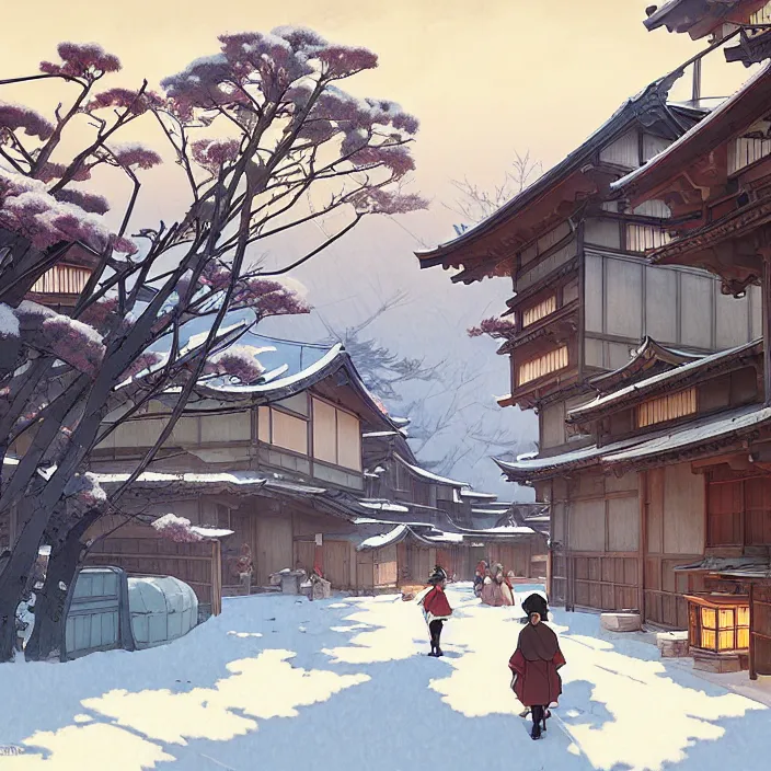 Image similar to japanese rural town, winter, in the style of studio ghibli, j. c. leyendecker, greg rutkowski, artem