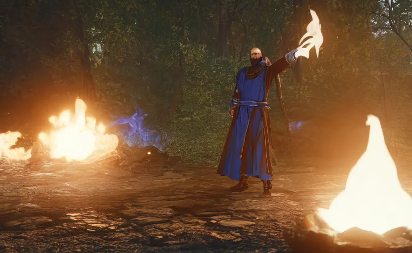 Image similar to male mage, black robe, blue fire circle in the background, war, unreal engine, ray tracing, 8k, realistic, universe