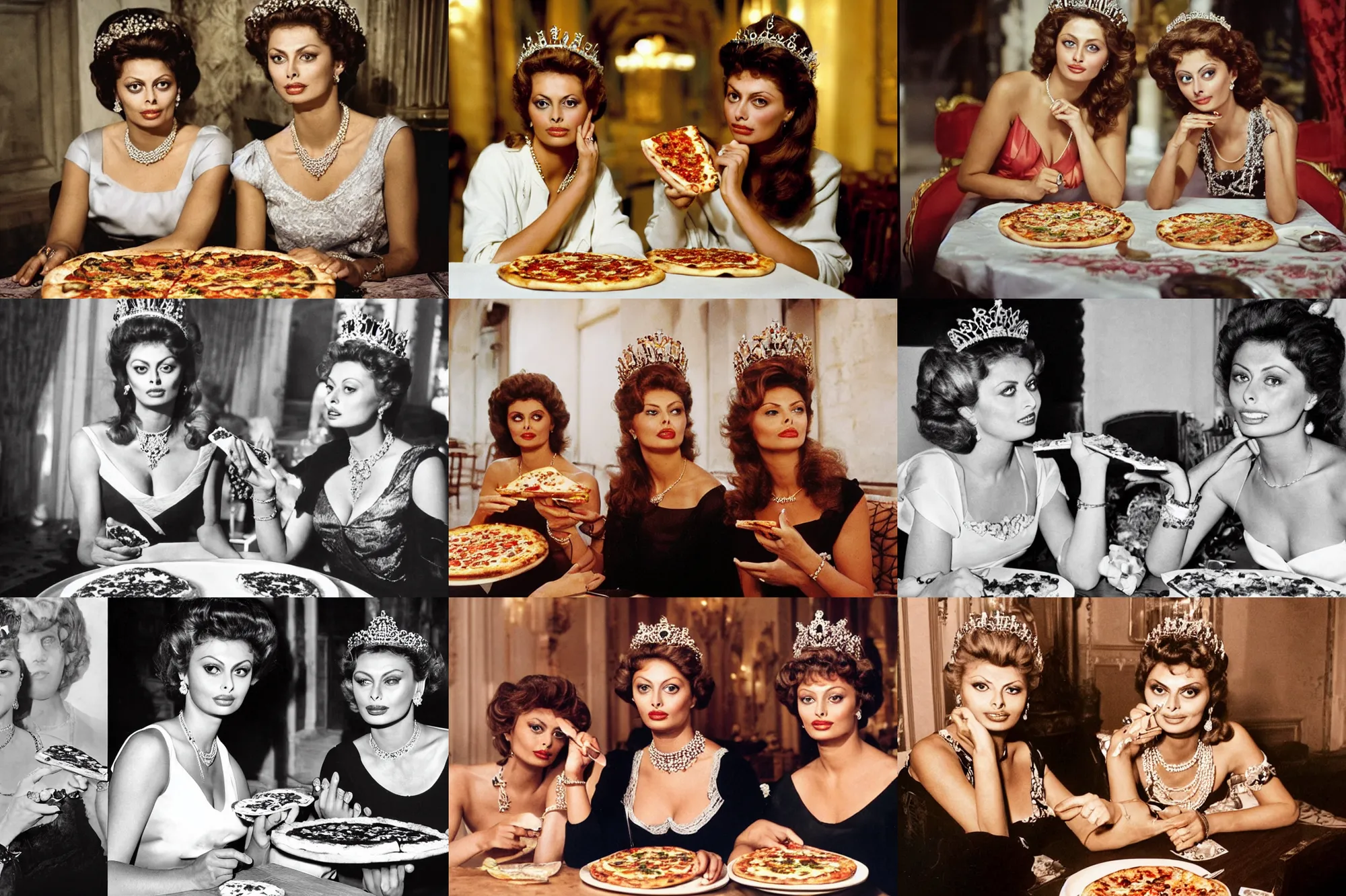 Prompt: two!!!!! young beautiful women sitting at a long take sharing a pizza margherita : one is queen margherita of savoy, the other is sophia loren. the one queen has intricate tiara and pearl necklace. smooth lighting, masterpiece, timeless, genious composition