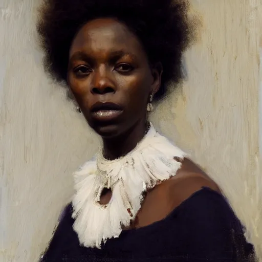 Prompt: medium closeup of an african woman with frizzy hair, white dress, downward gaze, choker necklace, by nick alm, jeremy lipking