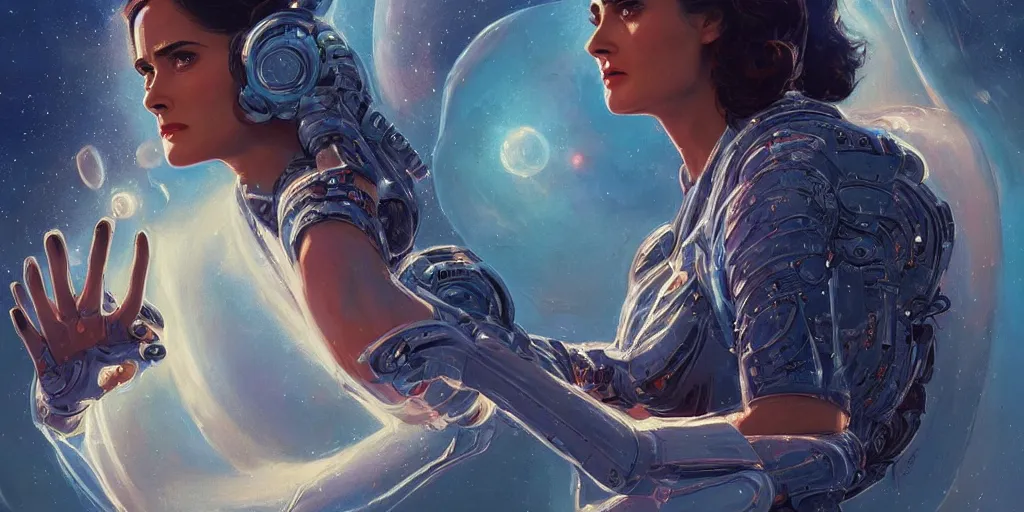 Image similar to Salma Hayek as a stunning , beautiful retro SCI-FI space heroine 1985 , movie poster, intricate, elegant, highly detailed, centered, digital painting, trending on artstation, concept art, smooth, sharp focus, illustration, art by raphael lacoste ,eddie mendoza ,alex ross, WLOP