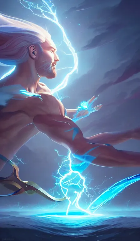 Image similar to the god zeus, lightning, action, epic, sharp focus, digital art, concept art, dynamic lighting, character design by anna dittman, and rossdraws, environment design by jessica rossier