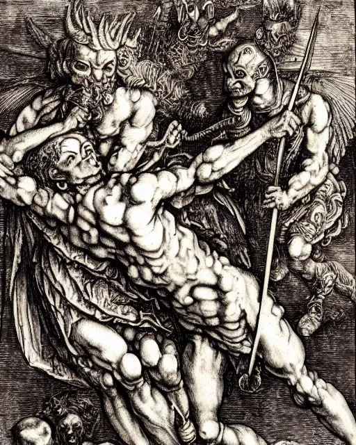 Prompt: devil fights angel, high detail, extremely detailed, very sharp, in the style of albrecht durer,