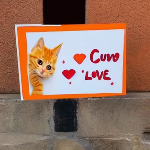 Image similar to cute fluffy orange tabby kitten with a sign that says