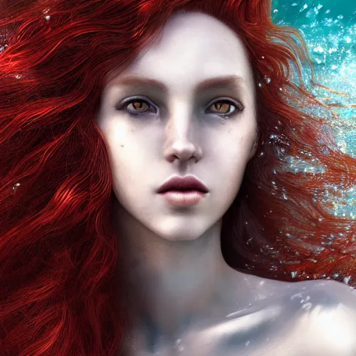 Prompt: a portrait of woman with long dark curly red hair under the water, stoic, windy, pale skin with dark scales, mermaid, alone, underwater, fish, white eyes, dramatic, epic painting, painting by wlop and nixeu, semirealism, artstation, octane render, sharpness, 8 k, golden ratio