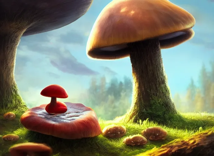 Image similar to a cute creature sitting next to a mushroom, golden hour, fantasy, sharp focus, digital art, hyper realistic, 4 k, unreal engine, highly detailed, hd, dramatic lighting by brom, trending on artstation