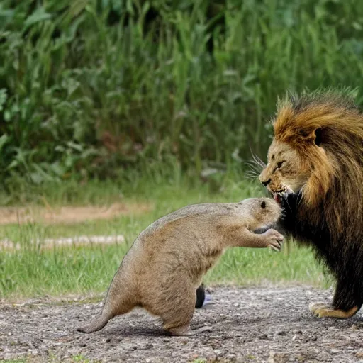 Image similar to a photo of a small beaver trying to take on a lion, the lion is scared.