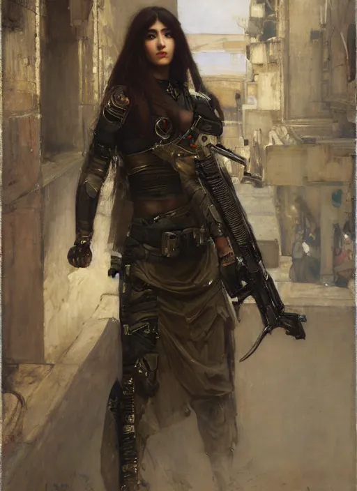 Image similar to beautiful cyberpunk mercenary in tactical gear. Iranian orientalist portrait by john william waterhouse and Edwin Longsden Long and Theodore Ralli and Nasreddine Dinet, oil on canvas. Cinematic, hyper realism, dramatic lighting, high detail 4k