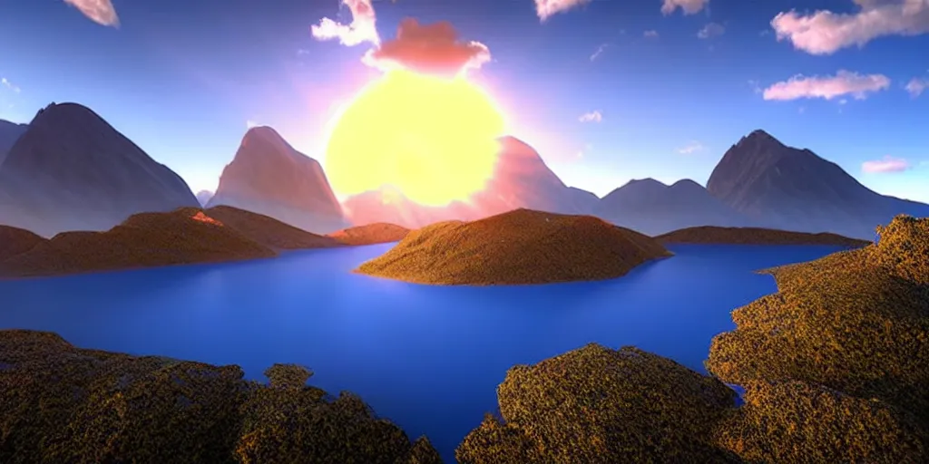 Prompt: a beautiful landscape, sun rises between two mountains, a lake in between the mountains, blue sky, cloudy, 3 d artwork by john stephans, unreal engine 5, extremely detailed, hyper realism