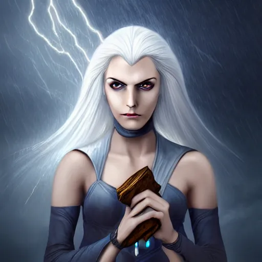 Prompt: beautiful old female dark elf with white hair holding a scroll, storm background, digital painting, detailed, realism, perfect symmetry