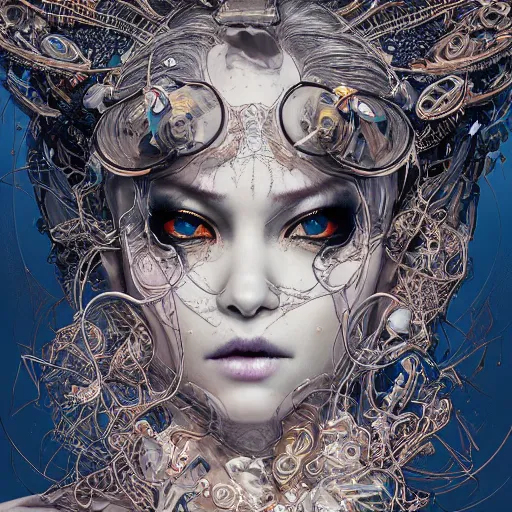 Image similar to the portrait of an absurdly beautiful, graceful, elegant, sophisticated, fashionable cyberpunk gravure idol, an ultrafine hyperdetailed illustration by kim jung gi, irakli nadar, vania zouravliov, intricate linework, bright colors, porcelain skin, blue eyes, unreal engine 5 highly rendered, global illumination, radiant light, detailed and intricate environment