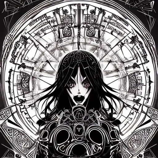 Image similar to shadowy pitch-black void occultist, gnostic sigils, ars goetia, heroine, beautiful symmetrical portrait, intricate complexity, rule of thirds, in the style of Artgerm and Kazuki Tanahashi, character concept