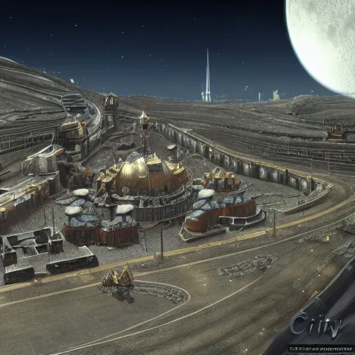 Prompt: final fantasy xiv, moonwalker photo, city art of city street on the moon, a detailed image of a future norilsk base, sci fi - game rendered, 4 k, detailed