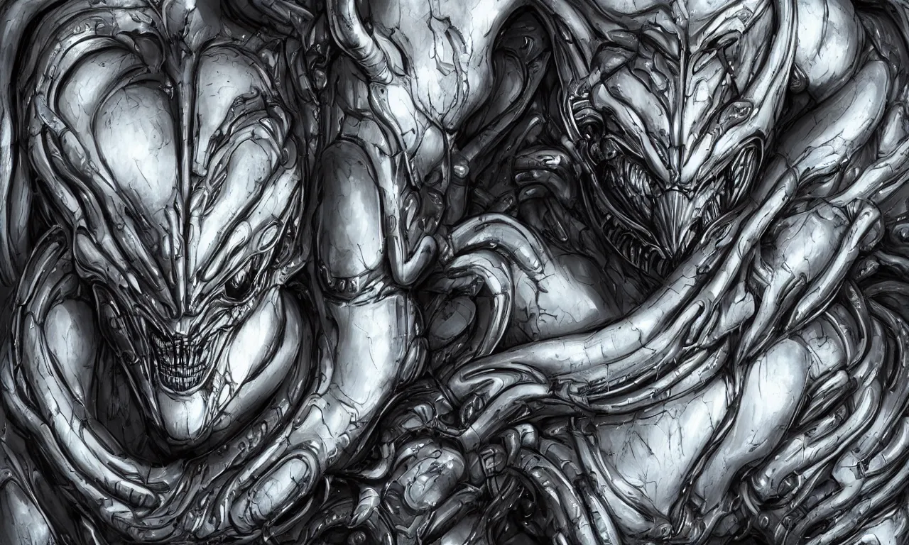 Image similar to engineer prometheus face by Artgerm, xenomorph alien, highly detailed, symmetrical long head, smooth marble surfaces, detailed ink illustration, raiden metal gear, cinematic smooth stone, deep aesthetic, concept art, post process, 4k, carved marble texture and silk cloth, latex skin, highly ornate intricate details, prometheus, evil, moody lighting, hr geiger, hayao miyazaki, indsutrial Steampunk