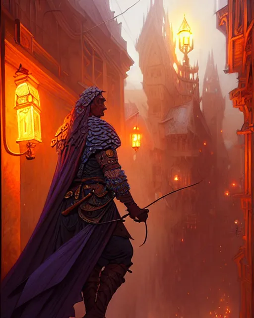 Prompt: the hero of ages walks upon the streets of waterdeep, dnd fantasy art, intricate, elegant, glowing lights, highly detailed, digital painting, artstation, sharp focus, illustration, art by wlop, mars ravelo and greg rutkowski, art by brom, artgerm and alphonse mucha, 8 k, highly detailed