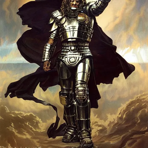 Image similar to oil painting of a pale menacing Apollo with long curly blond hair and piercing glowing eyes, powerful sci fi centurion in tall jagged black plate armor, cinematic chiaroscuro creeping darkness, by J.C leyendecker and norman rockwell