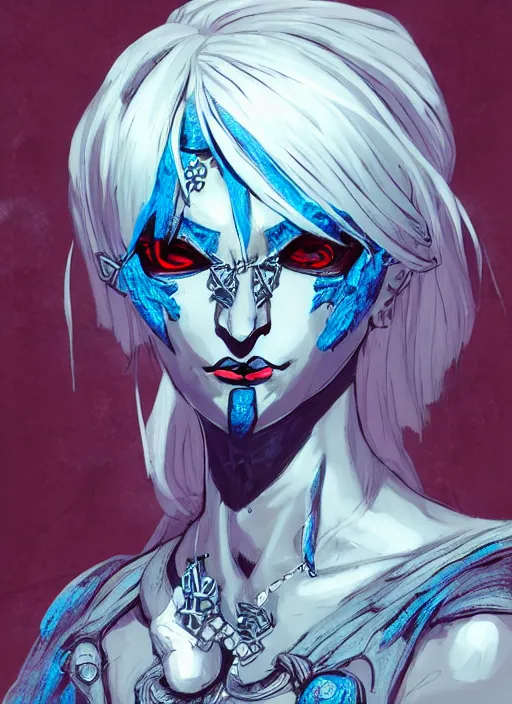 Prompt: half body portrait of a beautiful drow queen in an elaborate cracked mask and ornate pale blue dress, gray hair, red eyes. in style of yoji shinkawa and hyung - tae kim, trending on artstation, dark fantasy, great composition, concept art, highly detailed, dynamic pose, vibrant colours.