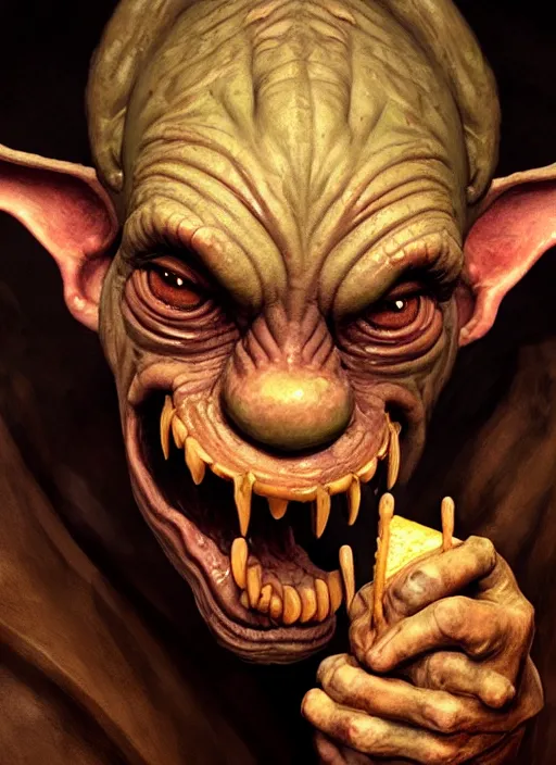 Image similar to profile face portrait of a medieval goblin eating cakes in the cloisters, beautiful face, hyper realistic, highly detailed, digital painting, artstation, illustration, concept art by hyung tae and frank frazetta, digital paint, matte paint, washed colors, dark, gloomy