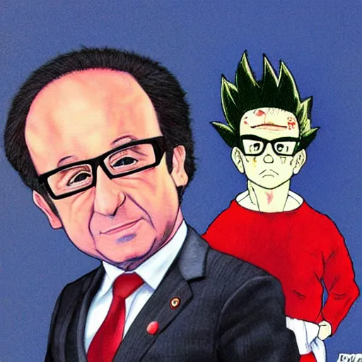 Image similar to François hollande transforming into super saiyan, drew by akira toryama