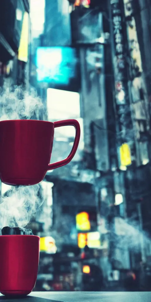 Prompt: metal mug, filled with steaming hot coffee, standing on a table. future. japan. cyberpunk style. closeup. colorful.