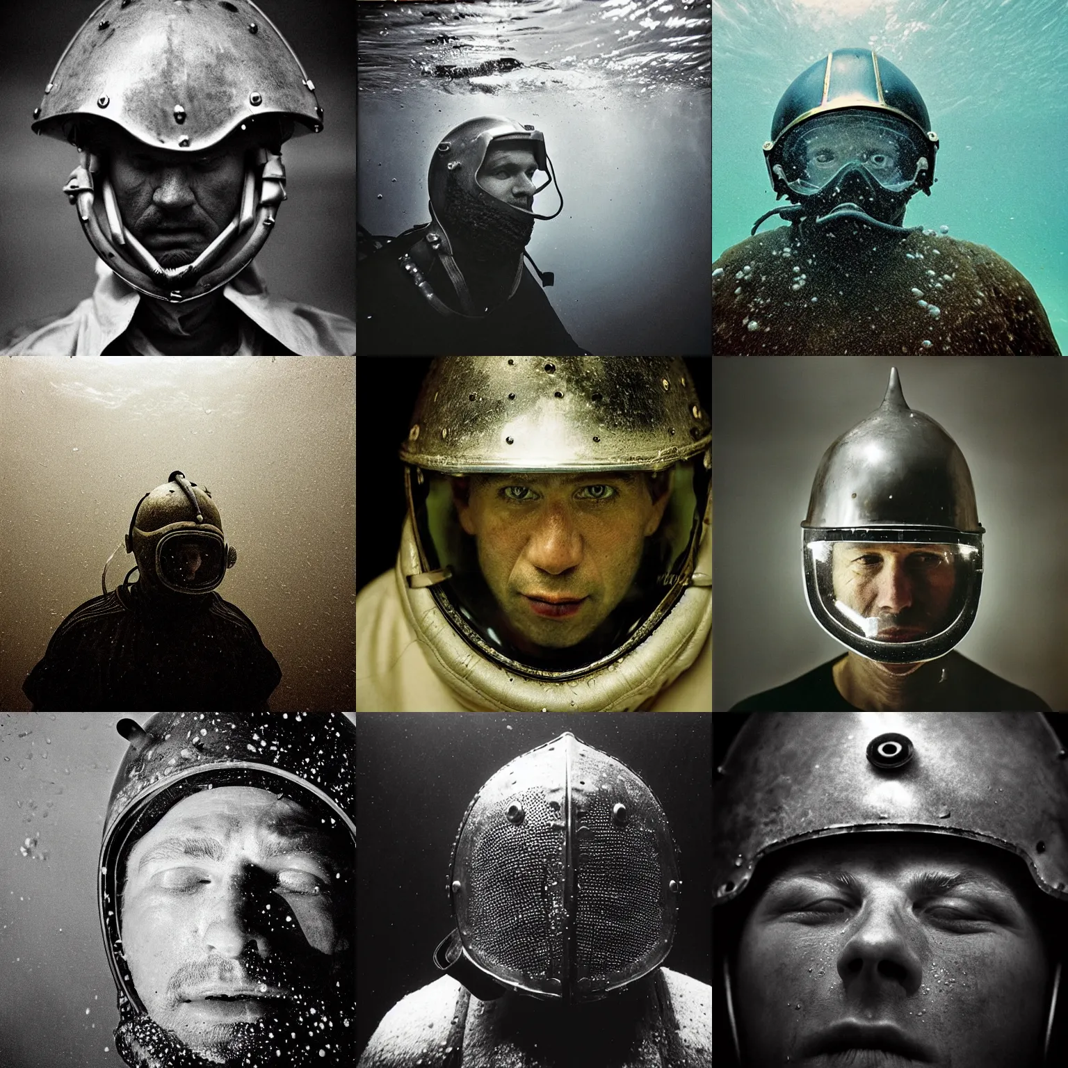 Prompt: Underwater close up portrait of a man in medieval helmet by Trent Parke, clean, detailed, Magnum photos