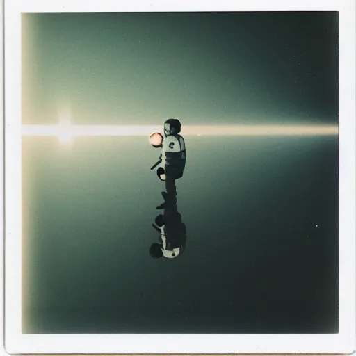 Image similar to polaroid of a reflection, optical illusion, astronaut