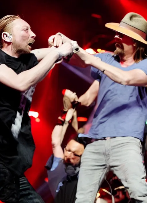 Prompt: thom yorke punching kid rock so hard his head flies off, photographic, ultra hd,