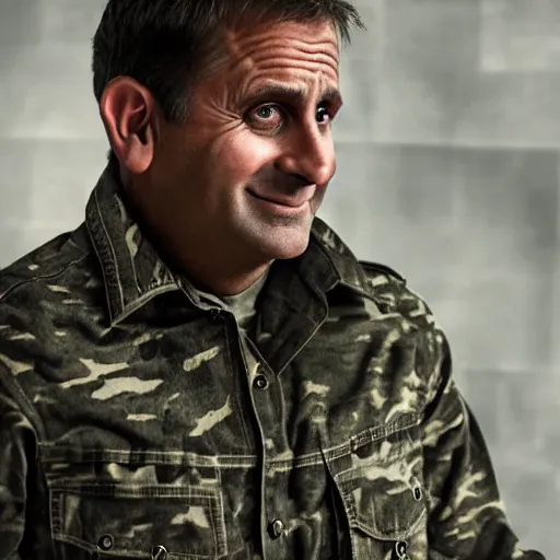 Prompt: steve carrel wearing military outfit and camouflage cinematic photoshoot high quality highly affordable photo realistic 8 k hd