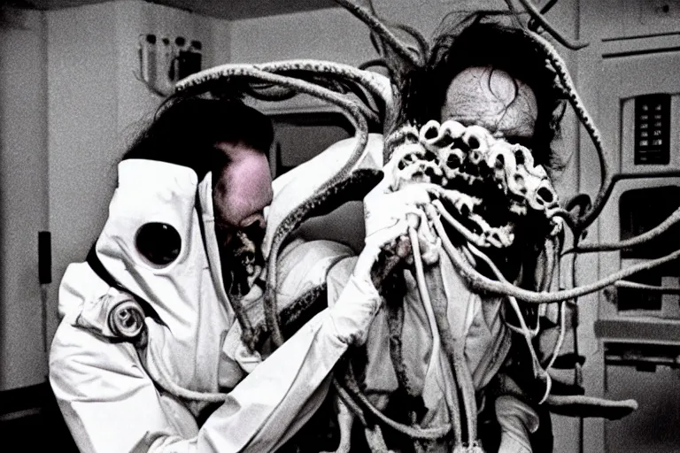 Image similar to scary intense grotesque disgusting filmic wide shot angle movie still 35mm film color photograph of a shape shifting horrific nightmarish abstract alien organism spewing toxic spined tentacles made out of flesh strangling a doctor wearing a lab coat and surgical mask in the style of a horror film The Thing 1982