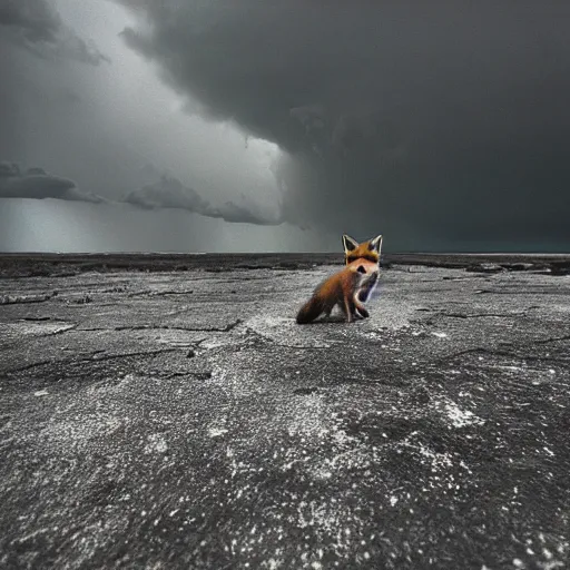 Image similar to Anthropomorphic fox in the middle of an old battlefield that is crumbling into a turbulent ocean, thunderstorm, 35mm picture