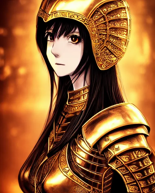 Image similar to anime style portrait of woman in shining golden armor, high production value, intricate details, high resolution, hdr, high definition, masterpiece, realistic, ultrarealistic, highly detailed, hd, sharp focus, non blurry, sharp, smooth