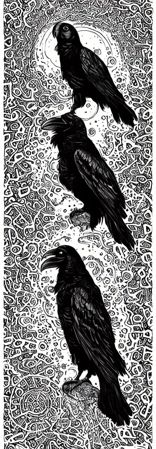 Image similar to psychedelic, monochrome artwork!!, of a raven and raven combined, in front of an owl that is a window into the ocean, by didier comes, graphic novel art,