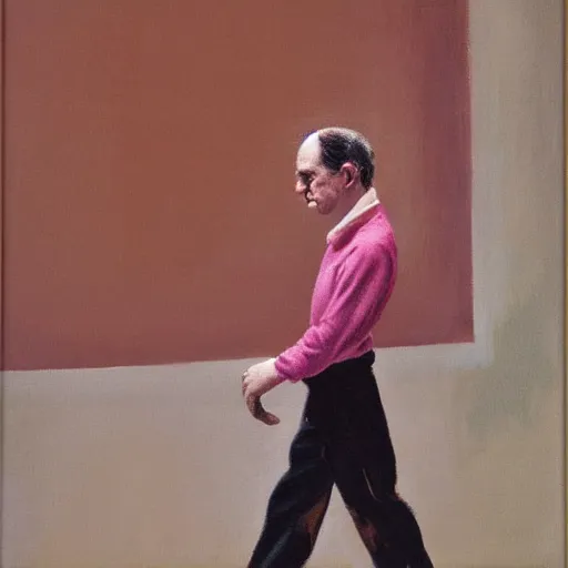 Prompt: Stanley Kubrick wearing a colorful outfit, brown pants and pink socks on a catwalk, Oil Painting, ultradetailed