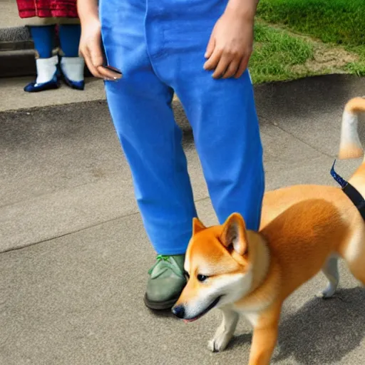 Image similar to a shiba-inu dog wearing blue pants