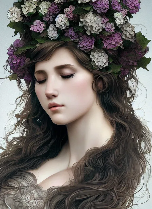 Image similar to a photographic portrait of a seductive sleeping anthropomorphic hydrangea blossom with a perfect face, fantasy, wind blowing hair, intricate, elegant, very very highly detailed, digital painting, artstation, concept art, smooth, super sharp focus, illustration, art by artgerm and h r giger and alphonse mucha