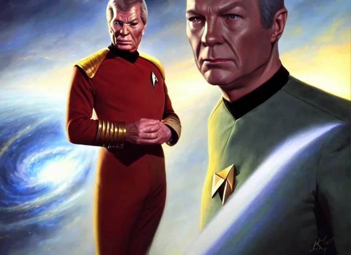 Image similar to portrait shot of a evil captain kirk in star trek, realistic, professionally, professionally color graded, intricate, elegant, highly detailed, centered, digital painting, artstation, concept art, smooth, sharp focus, illustration, artgerm, tomasz alen kopera, peter mohrbacher, donato giancola, joseph christian leyendecker, wlop, boris vallejo