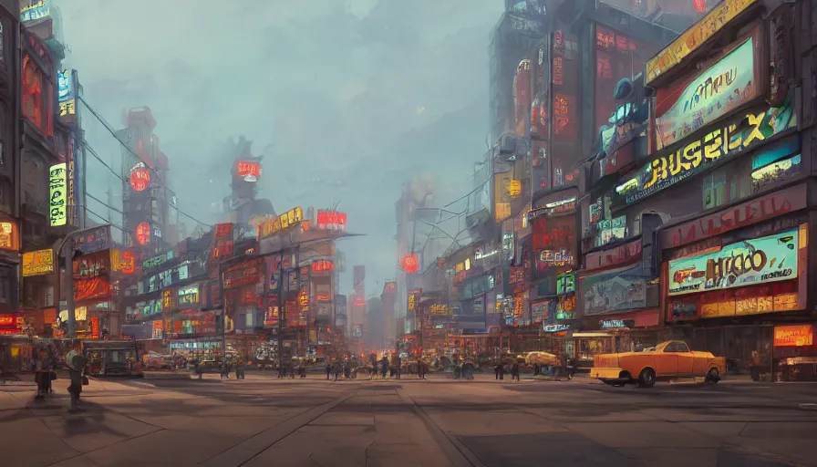 Image similar to A highly detailed matte painting of Buildings with Billboards and neonsigns by Studio Ghibli, Makoto Shinkai, by Artgerm, by WLOP, by Greg Rutkowski, volumetric lighting, octane render, 4K resolution, trending on artstation, masterpiece