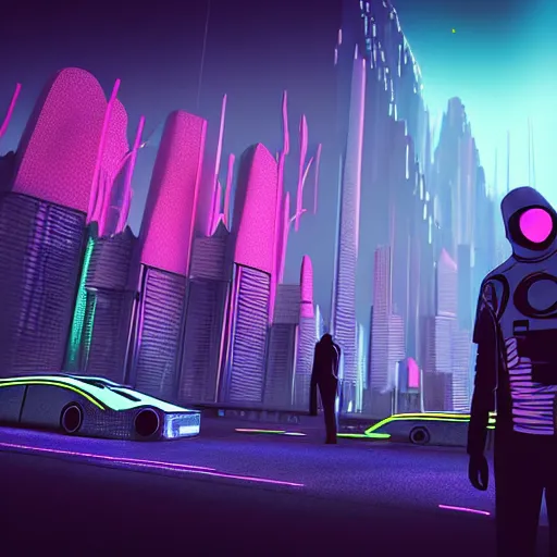 Prompt: futuristic citizens and vehicles, on the Moon, long shadows, holographic trees in a Russian high-rise community cyberpunk city called Neo Kudrovo, pitch black sky with stunning bright stars, bright sun, high contrast, lively, freaky, black sky full of stars, LEDs, holograms, blinding bright sun, sci-fi, cyberpunk outfits, photorealistic, grainy, 35mm, intricate, very very beautiful, elegant, smooth, cinematic, Unreal Engine 5, by Beeple