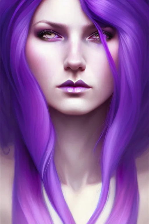 Image similar to Purple hair relistic Portrait of a woman with bright colored flying hair, all shades of purple. Hair coloring, long hair, blue eyes, fantasy, intricate, elegant, highly detailed, digital painting, artstation, concept art, smooth, sharp focus, illustration, art by artgerm and greg rutkowski and alphonse mucha