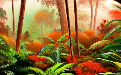 Prompt: a beautiful landscape of a foggy jungle, red and orange color scheme, hyperdetailed, vivid colors, photorealist, 4 k