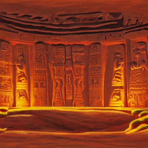 Image similar to lemuriab temple with carved hieroglyphs, mars landscape, martian lights and colors,