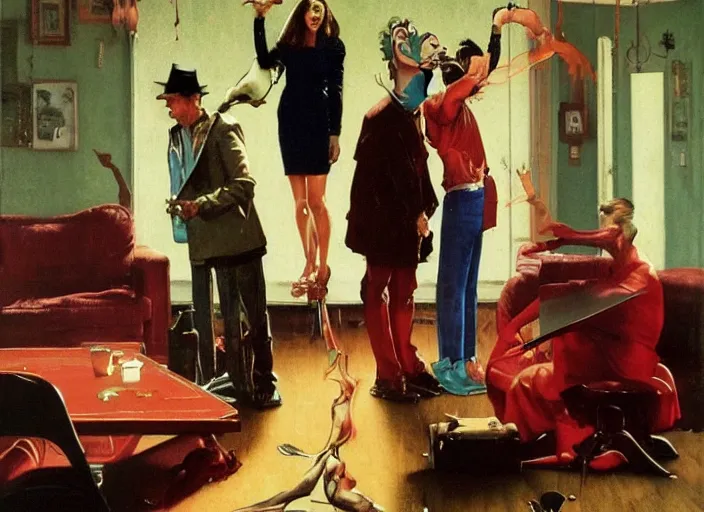 Prompt: a still from the tv series friends by francis bacon, surreal, norman rockwell and james jean, greg hildebrandt, and mark brooks, triadic color scheme, by greg rutkowski, in the style of francis bacon and syd mead and edward hopper and norman rockwell and beksinski, dark surrealism, open ceiling