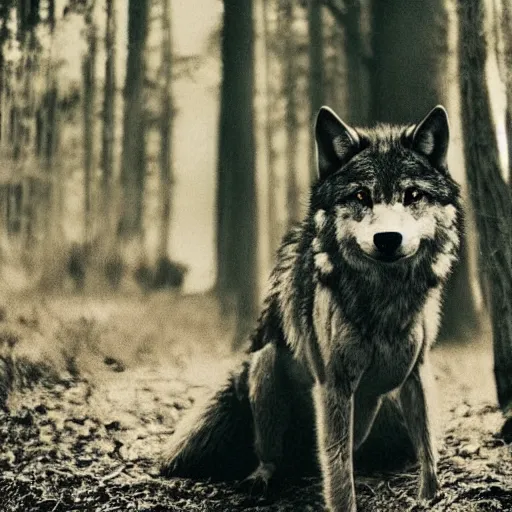 Image similar to werecreature consisting of a wolf and a human, photograph captured in a dark forest