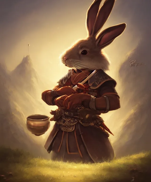 Image similar to a portrait an anthropomorphic rabbit samurai eating dim sum, landscape in background, cute and adorable, dnd character art portrait, well rendered matte fantasy painting, deviantart artstation, by jason felix by steve argyle by tyler jacobson by peter mohrbacher, cinematic lighting