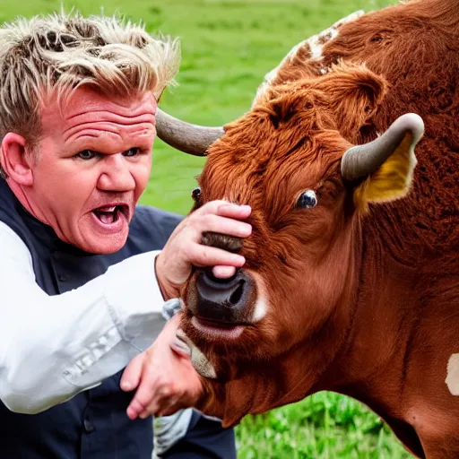 Prompt: gordon ramsay yelling at a cow, closeup faces, hyper realistic photo