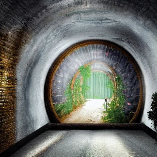 Image similar to old botanist, god rays, underground tunnel, future, open room, greenery, the ghost in the machine