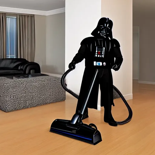 Image similar to Darth Vader vacuuming the house, photo realistic, award-winning, highly-detailed