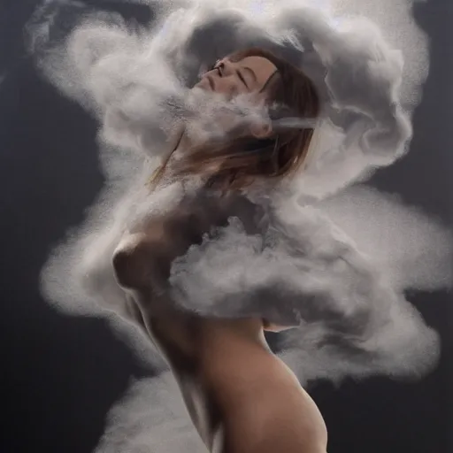 Prompt: full shot of a woman made from white smoke, hair made from black ink fluid in oil, style of roset conrad photo-realistic maximalist hyperrealism illustrated with gouache