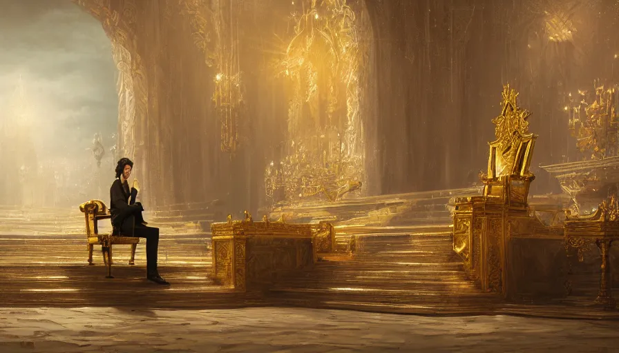 Prompt: highly detailed portrait of a lonely thin man sitting alone on a golden throne, unreal engine, fantasy art by greg rutkowski, cinematic, establishing shot, art station